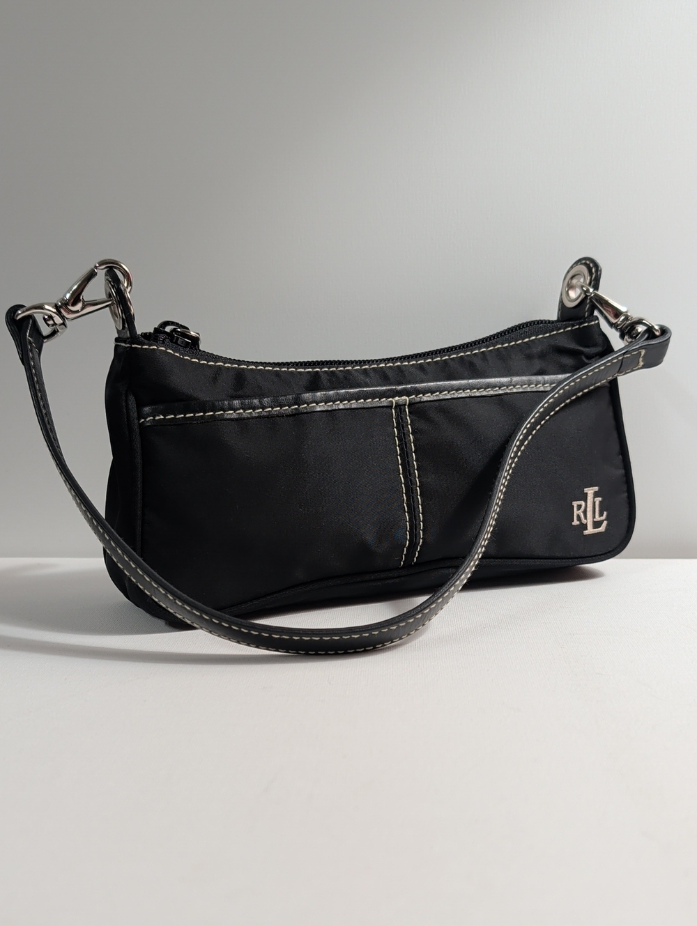 Vintage Lauren Ralph Lauren Black Nylon Mini Baguette Shoulder Bag